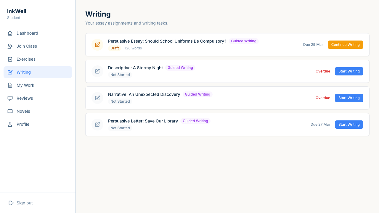 Student writing assignments showing essay prompts and progress
